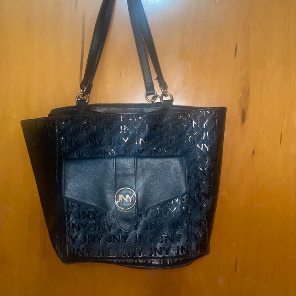 Jones New York Black Logo Tote with Front Pocket and JNY Emblem